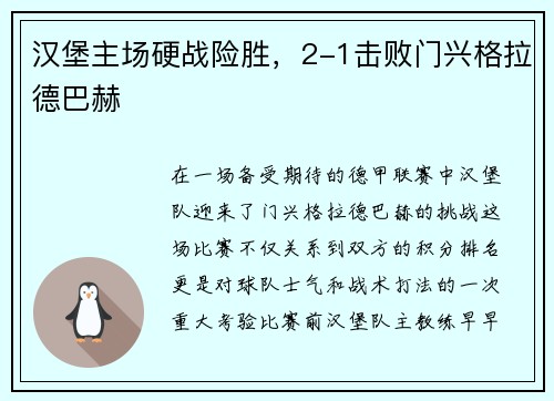 汉堡主场硬战险胜，2-1击败门兴格拉德巴赫